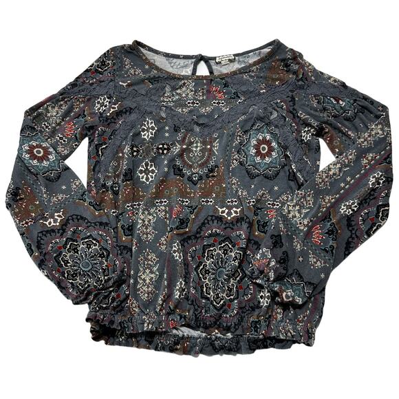 Eyeshadow Peasant Top Women Size M Gray Paisley Long Sleeve Boho Bohemian Fairy - Picture 1 of 8